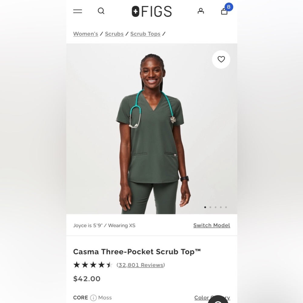 Figs Casma 3 Pocket Scrub Top Moss XS